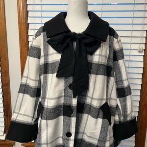 Unique Vintage Black and White Plaid Coat with Bow Detail